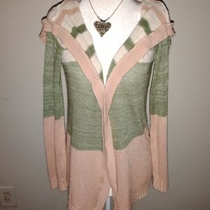 Open-Front Colorblock Knit Sweater Cardigan - Pink & Green